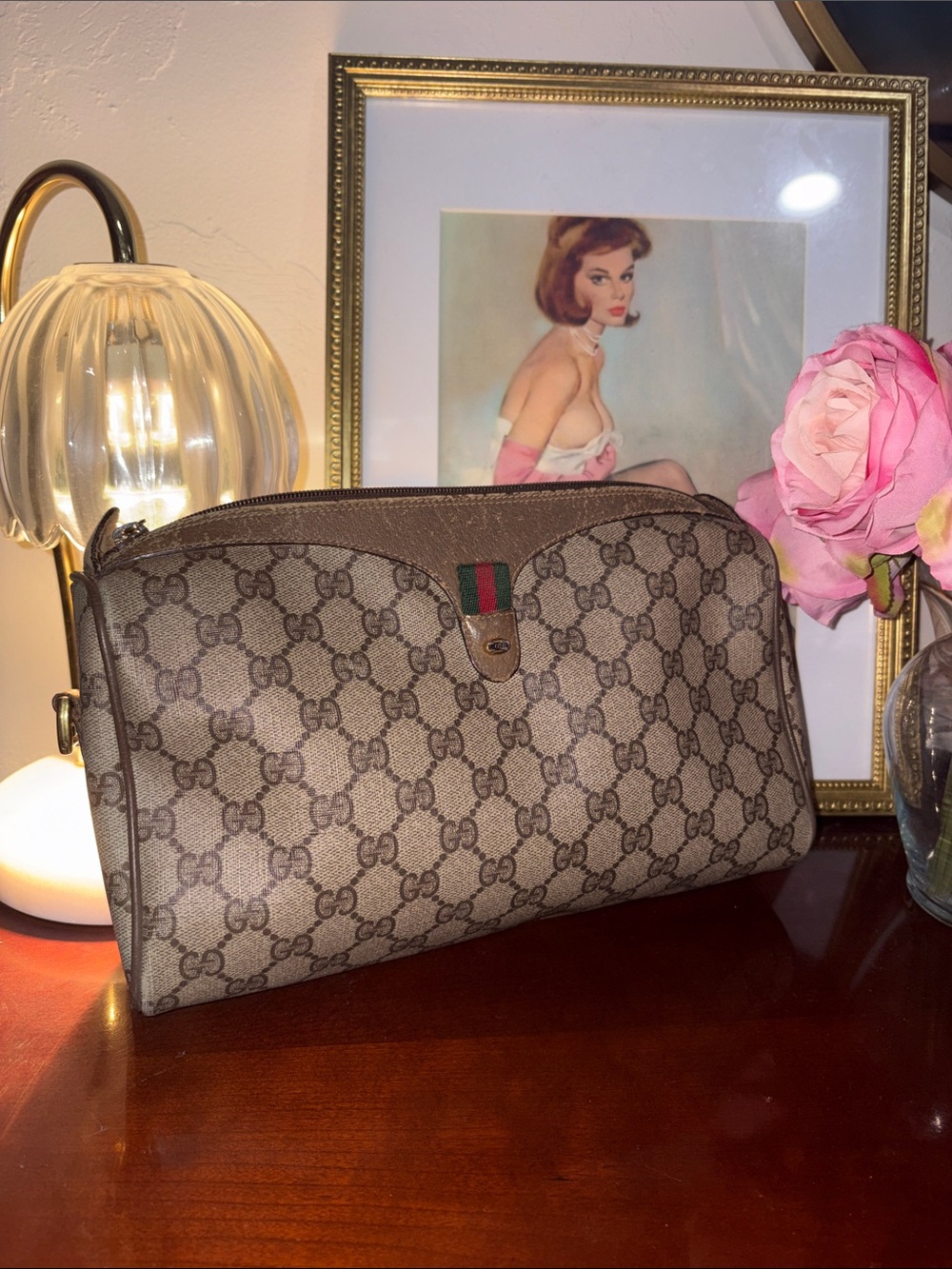 Gucci Brown GG Supreme Canvas Cosmetic Case with Green-Red Web